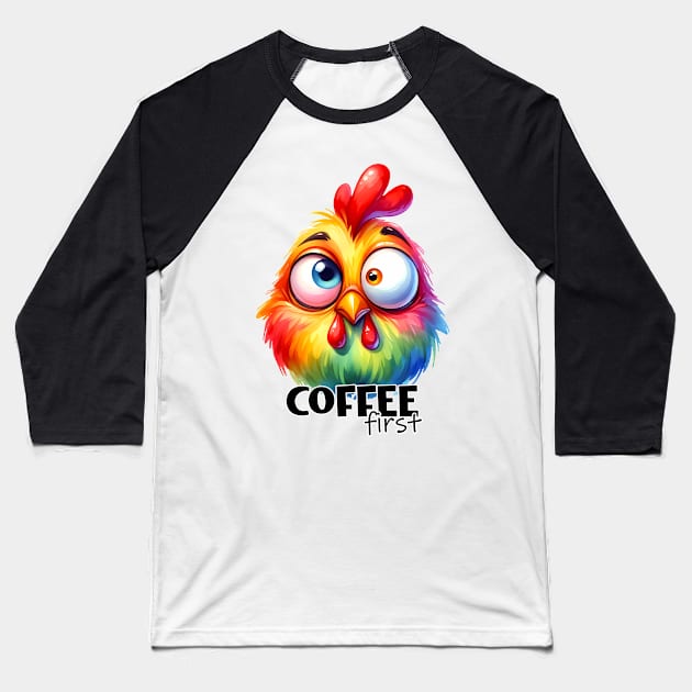 Coffee first funny chicken Baseball T-Shirt by Fun Planet